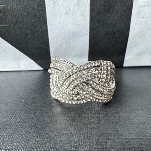 Silver Tone Pave Knot Crossover Statement Ring Size 9”